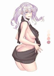 Rule 34 | 10s, 1girl, aran sweater, ass, backless dress, backless outfit, bare back, black sweater, blue eyes, breasts, butt crack, cable knit, color guide, cropped legs, dress, from side, kantai collection, kashima (kancolle), large breasts, looking to the side, meme attire, naked sweater, sideboob, sidelocks, silver hair, solo, sweater, sweater dress, turtleneck, turtleneck sweater, twintails, virgin killer sweater, white background, yuuji (and)