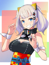 Rule 34 | 1girl, bare arms, bare shoulders, black dress, blue eyes, blush, breasts, claw pose, cleavage, cleavage cutout, clothing cutout, commentary request, dress, fingernails, grin, hair ornament, hairclip, hands up, kaguya luna, large breasts, medium hair, nail polish, obi, pink nails, ribbon, saiste, sash, sidelocks, silver hair, sleeveless, sleeveless dress, smile, solo, the moon studio, twintails, upper body, virtual youtuber, wrist ribbon