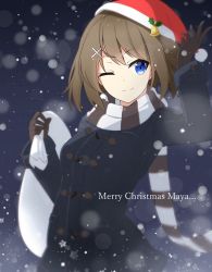 Rule 34 | 10s, 1girl, ;), a.a (aa772), alternate costume, bell, blue eyes, brown gloves, brown hair, character name, christmas, coat, gloves, hair ornament, hairclip, hand up, hat, kantai collection, maya (kancolle), merry christmas, one eye closed, sack, santa hat, scarf, short hair, smile, snowing, solo, striped clothes, striped scarf, upper body, winter clothes, winter coat, x hair ornament