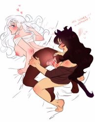 Rule 34 | 2girls, all fours, animal ears, artist request, ass, ass grab, barefoot, bed, bed sheet, black hair, blake belladonna, blue eyes, blush, bottomless, breasts, cat ears, cat girl, cat tail, claws, clenched hand, clenched hands, closed eyes, clothed sex, cum, cum in pussy, doggystyle, ejaculation, english text, erection, eyeliner, facing another, facing away, faunus (rwby), female orgasm, full body, futa with female, futanari, hair down, half-closed eyes, heart, kneeling, long hair, looking at viewer, looking back, looking over shoulder, makeup, medium breasts, moaning, multiple girls, nipples, no bra, on bed, open mouth, orgasm, partially undressed, penis, pussy, pussy juice, rwby, scar, scar across eye, scar on face, sex, sex from behind, sheet grab, shirt, sideboob, simple background, sitting, spread legs, tail, talking, teeth, thighhighs, tongue, torn clothes, vaginal, weiss schnee, white hair