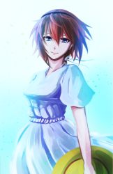 Rule 34 | 10s, 1girl, bad id, bad pixiv id, blue background, blue eyes, canon memphis, collarbone, dress, fukase yuuya, hairband, hat, holding, holding clothes, holding hat, lips, looking at viewer, red hair, short hair, smile, solo, soukyuu no fafner, sugar121, unworn hat, unworn headwear, white dress