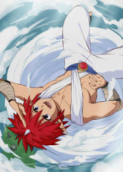 Rule 34 | 1boy, anime coloring, collarbone, fangs, hand on own hip, highres, horns, jin kaze tsukai, jpeg artifacts, male focus, open mouth, petagon, pointy ears, purple eyes, red hair, single horn, smile, solo, whirlwind, yuu yuu hakusho