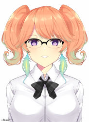 Rule 34 | 1girl, absurdres, alternate hairstyle, bespectacled, danraku, earrings, feather earrings, feathers, glasses, gradient hair, grin, highres, hololive, hololive english, jewelry, looking at viewer, multicolored hair, orange hair, purple eyes, semi-rimless eyewear, shirt, simple background, smile, solo, takanashi kiara, twintails, upper body, virtual youtuber, white background, white shirt
