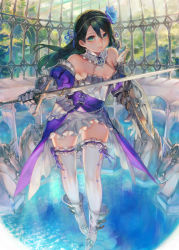 Rule 34 | 1girl, aoin, armor, bare shoulders, black hair, boots, flower, green eyes, hair flower, hair ornament, highres, light smile, long hair, original, shield, solo, sword, thighhighs, thighs, weapon, white thighhighs