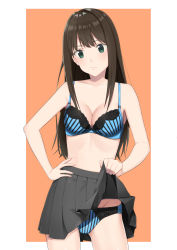 Rule 34 | 1girl, absurdres, black hair, blue bra, blue panties, bra, breasts, cleavage, closed mouth, clothes lift, collarbone, cowboy shot, green eyes, grey skirt, groin, hand on own hip, highres, idolmaster, idolmaster cinderella girls, k-ya., lifted by self, long hair, medium breasts, miniskirt, orange background, panties, pleated skirt, shibuya rin, skirt, skirt lift, solo, standing, straight hair, striped bra, striped clothes, striped panties, two-tone background, underwear, very long hair, white background