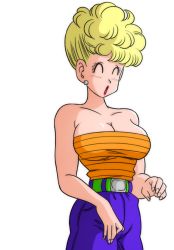 Rule 34 | 1girl, ^ ^, bare arms, bare shoulders, belt, blonde hair, blush, breasts, cleavage, closed eyes, cowboy shot, dragon ball, dragon ball (classic), earrings, eyelashes, female focus, groin, hands up, happy, jewelry, large breasts, legs, mature female, open mouth, panchy, pants, purple pants, shiny skin, sleeveless, smile, solo, standing, strapless, stud earrings, thighs, transparent background, tube top, yamamoto doujin