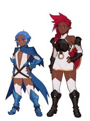 Rule 34 | 2girls, absurdres, armor, armored boots, bare shoulders, black gloves, blue capelet, blue eyes, blue hair, boots, braid, breastplate, capelet, commentary, dark-skinned female, dark skin, dress, elbow gloves, elf, elfheim, english commentary, fingerless gloves, flat chest, full body, gauntlets, gloves, hair ornament, hair over one eye, hands on own hips, height difference, heterochromia, highres, legs apart, long hair, looking at viewer, multiple girls, navel, navy sapphyr, original, plunging neckline, pointy ears, purple eyes, red eyes, red hair, roan sapphyr, scar, scar on chest, scar on face, short hair, siblings, simple background, sisters, spiked hair, standing, sunna (nilsunna), thick eyebrows, thighhighs, vambraces, waist cape, white background, white dress, white gloves, white legwear, x hair ornament