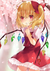 Rule 34 | 1girl, absurdres, ascot, blonde hair, bow, cherry blossoms, cherry tree, cowboy shot, crystal, finger to mouth, flandre scarlet, hair between eyes, hair bow, highres, index finger raised, looking at another, medium hair, multicolored wings, niseneko (mofumofu ga ienai), no headwear, one side up, open mouth, outdoors, pink background, puffy short sleeves, puffy sleeves, red bow, red eyes, red skirt, red vest, shirt, short sleeves, skirt, skirt set, solo, touhou, vest, white shirt, wings, yellow ascot