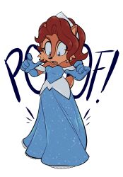 Rule 34 | 1girl, alternate costume, animal ears, blue dress, blue eyes, blue gloves, brown fur, brown hair, dress, elbow gloves, full body, furry, furry female, gloves, highres, jadepesky, long dress, long hair, looking down, open mouth, sally acorn, simple background, solo, sonic (series), sound effects, tiara, white background