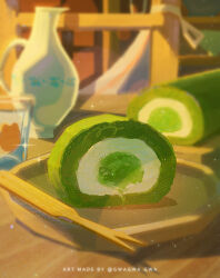Rule 34 | absurdres, blurry, cake, chair, clip studio paint (medium), commentary request, cup, day, depth of field, food, food focus, glint, gwagwagwa, highres, indoors, lens flare, light particles, matcha (food), original, pitcher (container), pixiv username, plate, shadow, still life, swiss roll, table, utensil, water, watermark, wooden table