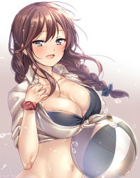 Rule 34 | 1girl, bad id, bad pixiv id, ball, beachball, bikini, blue eyes, blush, braid, breasts, brown hair, cleavage, gradient background, hair ribbon, juurouta, kantai collection, large breasts, long hair, looking at viewer, midriff, navel, noshiro (kancolle), open mouth, ribbon, scrunchie, shirt, simple background, solo, swimsuit, tied shirt, twin braids, twitter username, upper body, water, white shirt, wrist scrunchie