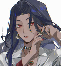 Rule 34 | 1girl, adjusting earrings, artist name, black hair, collared shirt, copyright notice, dark-skinned female, dark skin, earrings, gold choker, gold necklace, jewelry, k00s, looking to the side, mole, mole under eye, nail polish, necklace, nijisanji, nijisanji en, parted lips, portrait, red eyes, red nails, scarle yonaguni, scarle yonaguni (1st costume), shirt, simple background, solo, virtual youtuber, white background, white shirt
