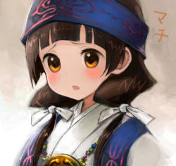 Rule 34 | 10s, 1girl, amayadori machi, bad id, bad nicoseiga id, blunt bangs, blush, brown eyes, brown hair, hair ribbon, headband, hiro1984, japanese clothes, jewelry, kimono, kumamiko, long hair, looking at viewer, low twintails, necklace, nontraditional miko, pendant, portrait, revision, ribbon, solo, tareme, text focus, translation request, twintails, upper body, white ribbon
