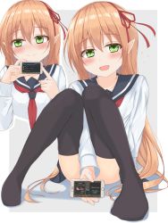 Rule 34 | 2girls, bad id, bad pixiv id, black legwear, blush, brown hair, cellphone, character request, closed mouth, collarbone, green eyes, highres, holding, holding phone, looking at viewer, meiji (meizi493), multiple girls, neckerchief, parted lips, phone, pointy ears, red neckerchief, shadowverse, sitting, smartphone, smile, thighhighs