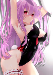 Rule 34 | 1girl, :o, alternate costume, animal ears, arm behind head, arm up, armpits, bare legs, black leotard, blush, breasts, cleavage, gradient background, grey background, hair between eyes, large breasts, leotard, long hair, looking at viewer, necktie, playboy bunny, purple hair, rabbit ears, rabbit tail, red eyes, red necktie, reisen udongein inaba, solo, tail, thighs, tosakaoil, touhou