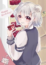 Rule 34 | 1girl, :3, blazer, blue jacket, cevio, commentary, cup, double bun, dreaming, closed eyes, grey hair, hair bun, hair ornament, hairclip, happy birthday, highres, holding, holding cup, jacket, koharu rikka, light smile, looking at viewer, looking back, nanch 7352, red eyes, refrigerator, short hair, solo, spoon, synthesizer v, thought bubble, translated, utensil in mouth, yogurt