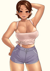 Rule 34 | 1girl, :d, arm behind back, bikini tan, blush, breasts, brown eyes, brown hair, covered erect nipples, grey shorts, hand on own hip, highres, large breasts, model pose, navel, nemui333, open mouth, original, shirt, short hair, shorts, simple background, smile, solo, standing, tan, tanline, upper body, white background, white shirt