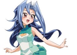 Rule 34 | 1girl, bare shoulders, blue hair, blush, breasts, kamishiro rio, knhrpnkt, long hair, looking to the side, medium breasts, multicolored hair, open mouth, red eyes, school uniform, shiny skin, simple background, solo, two-tone hair, upper body, wide hips, yu-gi-oh!, yuu-gi-ou, yuu-gi-ou zexal
