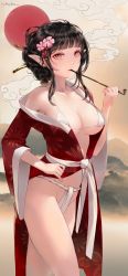 Rule 34 | 1girl, a (phrase), artist name, bikini, black hair, breasts, chowbie, cleavage, cloud, collarbone, commentary request, elf, feet out of frame, fundoshi, groin, hair bun, highres, japanese clothes, kimono, looking at viewer, medium breasts, original, pink eyes, pipe in mouth, pointy ears, red sun, single hair bun, smoke, smoking, smoking pipe, solo, sun, swimsuit, thighs, white bikini