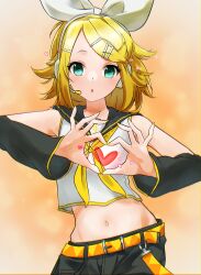 Rule 34 | absurdres, bare shoulders, black sailor collar, black shorts, black sleeves, blonde hair, bow, chestnut mouth, commentary, desper4te, detached sleeves, green eyes, hair bow, hair ornament, hairclip, headphones, headset, heart, heart hands, highres, kagamine rin, leg warmers, light blush, looking at viewer, midriff, navel, neckerchief, orange background, sailor collar, sailor shirt, shirt, shorts, sleeveless, sleeveless shirt, sparkle, swept bangs, treble clef, vocaloid, white bow, yellow nails, yellow neckerchief