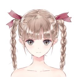 Rule 34 | 1girl, blonde hair, blue eyes, blue reflection, blue reflection (series), braid, closed mouth, collarbone, expressionless, hair ribbon, highres, kishida mel, looking at viewer, official art, portrait, red ribbon, ribbon, shijou yuzuki, simple background, solo, twin braids, twintails, white background