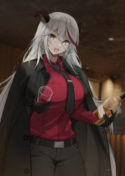 Rule 34 | 1girl, absurdres, aegir (azur lane), alcohol, azur lane, belt, belt buckle, black coat, black gloves, bottle, breasts, buckle, buttons, coat, coat on shoulders, collared shirt, cup, ear piercing, earrings, glass, gloves, hair between eyes, highres, holding, holding bottle, holding cup, horns, interior, j yak47, jewelry, large breasts, long hair, looking at viewer, multicolored hair, necktie, open mouth, pants, piercing, red shirt, shirt, shirt tucked in, solo, streaked hair, upper body, whiskey, white hair, yellow eyes
