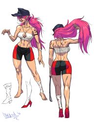 Rule 34 | 1girl, abs, alternate costume, ass, barefoot, bike shorts, blue eyes, breasts, capcom, diepod, final fight, hat, high heels, highres, lipstick, low ponytail, makeup, midriff, navel, pink hair, poison, poison (final fight), red footwear, shoes, skull and crossbones, strapless, street fighter, tattoo, tube top
