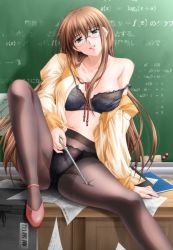 Rule 34 | 1girl, aqua eyes, areola slip, arm support, bare shoulders, black bra, black panties, black pantyhose, blouse, blush, boku to 4nin no onna kyoushi, book, bra, breasts, brown hair, chalkboard, demonstration, eraser, glasses, grin, head tilt, high heels, holding, indoors, jewelry, lace, lace-trimmed bra, lace-trimmed panties, lace trim, large breasts, leg up, legs, lingerie, lipstick, long hair, looking at viewer, makeup, math, mature female, midriff, naughty face, navel, necklace, nipple slip, nipples, no pants, off shoulder, open clothes, open shirt, panties, panties under pantyhose, pantyhose, paper, pendant, pointer, saitou kaho, shirt, shoes, sidelocks, sitting, skindentation, smile, solo, sonokawa kasumi, spread legs, strap slip, teacher, thighs, underwear, very long hair