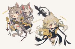 Rule 34 | 3girls, :3, :o, animal ear piercing, animal ears, arknights, back-to-back, black dress, blonde hair, blue eyes, blush, boots, brown background, cardigan, cat ears, cat girl, cat mask, chibi, chibi only, coat, dress, full body, grey hair, heterochromia, highres, holding, holding staff, infection monitor (arknights), kazemaru (arknights), knee boots, long hair, long sleeves, looking at viewer, mask, multiple girls, nail polish, nightmare (arknights), one eye closed, open mouth, red eyes, red nails, remu (kudarizaka 25), sailor collar, shirt, simple background, staff, star (symbol), thigh boots, tongue, tongue out, translation request, white footwear, white sailor collar, white shirt, yellow cardigan, yellow coat