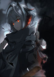 Rule 34 | 1girl, absurdres, ahoge, arknights, black gloves, black hair, black jacket, blood, chinese commentary, closed mouth, commentary, cuts, dadijiji, eyelashes, gloves, grey shirt, hair between eyes, highres, horns, injury, jacket, light smile, multicolored hair, orange eyes, shirt, short hair, silver hair, smile, smoke, solo, streaked hair, turtleneck, two-tone hair, upper body, w (arknights)