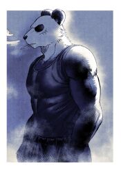 Rule 34 | 1boy, abs, animal ears, bara, beastars, cigarette, commentary, facial scar, furry, furry male, gouhin, halftone, halftone texture, highres, male focus, muscular, muscular male, panda boy, panda ears, pectorals, profile, scar, scar on cheek, scar on face, siratan, smoking, symbol-only commentary, tank top