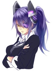 Rule 34 | 10s, 1girl, alternate hairstyle, breasts, crossed arms, eyepatch, female focus, gloves, headgear, kantai collection, large breasts, long hair, looking at viewer, ponytail, purple hair, ruuto (ruto3), school uniform, simple background, solo, tenryuu (kancolle), white background, yellow eyes