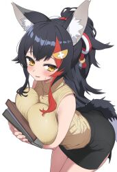 Rule 34 | 1girl, animal ear fluff, animal ears, black hair, black skirt, blush, book, hugging book, breasts, hair between eyes, hair ornament, hairclip, highres, hiroisora (smhong04), holding, holding book, hololive, hugging object, large breasts, leaning forward, long hair, looking at viewer, multicolored hair, ookami mio, parted lips, pencil skirt, ponytail, red hair, sidelocks, skirt, sleeveless, sleeveless sweater, solo, streaked hair, sweat, sweater, tail, turtleneck, turtleneck sweater, upper body, virtual youtuber, white background, wolf ears, wolf girl, wolf tail, yellow eyes, yellow sweater