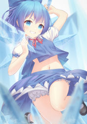 Rule 34 | 1girl, absurdres, adapted costume, black footwear, bloomers, blue background, blue bow, blue eyes, blue hair, blue skirt, blue vest, blurry, blurry foreground, bow, breasts, cirno, collared shirt, hair bow, highres, holding, ice, ice wings, looking at viewer, mary janes, navel, neck ribbon, puffy short sleeves, puffy sleeves, raimeso235, red ribbon, ribbon, shirt, shoes, short sleeves, skirt, skirt set, small breasts, socks, solo, touhou, underwear, v-shaped eyebrows, vest, white bloomers, white shirt, white socks, wings
