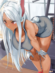 Rule 34 | 1girl, animal ears, bare shoulders, black shorts, black sports bra, boku no hero academia, breasts, caruta, clothing cutout, dark-skinned female, dark skin, exercising, exercise machine, gloves, hands on own knees, highres, indoors, large breasts, leaning forward, long eyelashes, long hair, looking ahead, mirko, parted bangs, rabbit ears, rabbit girl, rabbit tail, red eyes, red footwear, shiny skin, shorts, signature, solo, sports bra, sweat, tail, tail through clothes, thighs, toned, weights, white gloves, white hair