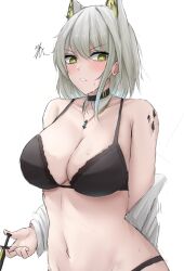 Rule 34 | 1girl, animal ears, arknights, bare shoulders, black bra, blush, bra, breasts, cat ears, cleavage, commentary, green eyes, grey hair, highres, holding, holding syringe, kal&#039;tsit (arknights), large breasts, looking at viewer, material growth, namikare, navel, off shoulder, oripathy lesion (arknights), short hair, solo, stomach, syringe, underwear, upper body