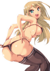 Rule 34 | 1girl, alessandra susu, aqua eyes, armadillo-tokage, ass, bad id, bad pixiv id, bikini, bikini pull, black bikini, black thighhighs, blonde hair, breasts, clothes pull, commentary request, earrings, highres, jewelry, large breasts, long hair, looking at viewer, micro bikini, open mouth, pulling own clothes, shiny skin, simple background, solo, swimsuit, tan, teeth, thighhighs, tokyo 7th sisters, undressing, upper teeth only, white background