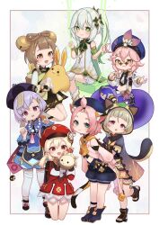 Rule 34 | 6+girls, animal ear fluff, animal ears, aqua eyes, bangs pinned back, bead necklace, beads, bell, blonde hair, bow-shaped hair, brown eyes, brown hair, cabbie hat, cat ears, cat girl, cat tail, coin hair ornament, crop top, detached sleeves, diona (genshin impact), dodoco (genshin impact), dori (genshin impact), dress, genshin impact, gloves, gradient hair, green eyes, green hair, hair bell, hair between eyes, hair ornament, hat, highres, japanese clothes, jewelry, jiangshi, klee (genshin impact), leaf, leaf on head, long hair, long sleeves, looking at viewer, low twintails, midriff, multicolored hair, multicolored tail, multiple girls, nahida (genshin impact), necklace, open mouth, pants, pink hair, pointy ears, purple eyes, purple hair, purple headwear, qingdai guanmao, qiqi (genshin impact), raccoon ears, red headwear, sayu (genshin impact), short hair, side ponytail, smile, sunglasses, swing, symbol-shaped pupils, tail, thighhighs, tinted eyewear, twintails, white dress, white hair, yaoyao (genshin impact), yellow eyes, yu ri 0320, yuegui (genshin impact)