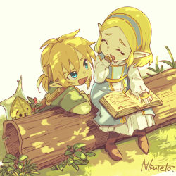 Rule 34 | 1boy, 1girl, aged down, bad id, bad pixiv id, blonde hair, blue eyes, child, closed eyes, elf, link, looking at another, nintendo, open mouth, parted bangs, pointy ears, princess zelda, short hair, shorts, tetora (ttr2011), the legend of zelda, the legend of zelda: breath of the wild