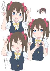 Rule 34 | !?, 10s, 1girl, absurdres, alternate hairstyle, blue eyes, blue vest, blush, brown hair, chibi, chibi inset, collared shirt, commentary request, cropped torso, closed eyes, heart, heart hands, highres, looking at viewer, love live!, love live! nijigasaki high school idol club, love live! school idol festival all stars, m/, multiple views, nico nico nii, nijigasaki academy school uniform, open mouth, osaka shizuku, red ribbon, ribbon, school uniform, shirt, short sleeves, smile, sunya (honorin-yuunibo), translation request, twintails, vest, white background, white shirt, yellow neckwear