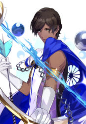 Rule 34 | 1boy, absurdres, agni gandiva, arjuna (fate), black eyes, black hair, bow (weapon), brown hair, cape, dark-skinned male, dark skin, fate/grand order, fate (series), gloves, highres, holding, holding bow (weapon), holding weapon, indian clothes, male focus, short hair, simple background, smile, solo, vega00211, weapon, white cape, white gloves