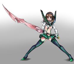 Rule 34 | 10s, 1girl, adapted costume, anglerfish, armor, black footwear, boots, breasts, commentary request, cosplay, fish, frown, full body, garter straps, girls und panzer, gloves, gradient background, green panties, green skirt, grey background, headgear, headphones, high heel boots, high heels, highres, holding, holding sword, holding weapon, kill la kill, legs apart, looking at viewer, medium breasts, midriff, navel, nishizumi miho, ooarai school uniform, open mouth, panties, parody, pauldrons, school uniform, senketsu, senketsu (cosplay), serafuku, shadow, short hair, shoulder armor, shrug (clothing), skirt, solo, spread legs, standing, style parody, suspenders, sword, thigh boots, thighhighs, two-handed, underboob, underwear, v-shaped eyebrows, wani02, weapon, white gloves