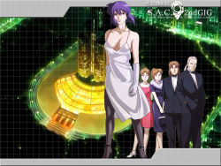 Rule 34 | 00s, 2boys, 3girls, bag, batou (gits), breasts, brown hair, cleavage, dress, elbow gloves, formal, fur, ghost in the shell, ghost in the shell stand alone complex, gloves, handbag, high heels, jewelry, kusanagi motoko, military operator, multiple boys, multiple girls, necklace, nishio tetsuya, operator (gits), pantyhose, ponytail, purple hair, shoes, short hair, suit, togusa (gits), tuxedo, wallpaper, white hair