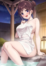 Rule 34 | 1girl, :d, arm support, breasts, brown hair, bush, commentary request, covering privates, fence, hair bun, highres, jewelry, karaage bou, lantern, large breasts, looking at viewer, naked towel, necklace, night, nude, nude cover, onsen, open mouth, original, outdoors, ponytail, purple eyes, rock, sidelocks, sitting, smile, solo, steam, thighs, towel, wooden fence