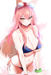 Rule 34 | 1girl, absurdres, animal ear fluff, animal ears, bare shoulders, bikini, blue bikini, blush, breasts, cleavage, collarbone, fate/grand order, fate (series), fox ears, fox girl, fox tail, hair between eyes, hanasaka houcha, highres, huge filesize, large breasts, long hair, looking at viewer, navel, open mouth, pink hair, sidelocks, simple background, solo, swimsuit, tail, tamamo (fate), tamamo no mae (fate/extra), tamamo no mae (swimsuit lancer) (fate), thighs, white background, yellow eyes