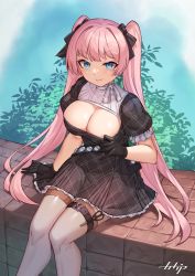 Rule 34 | 1girl, absurdres, arpeggio kaga, blue eyes, breasts, brick wall, cleavage, clothes pull, commission, gloves, highres, large breasts, long hair, looking at viewer, original, outdoors, pink hair, sitting, skeb commission, thigh strap, thighhighs, twintails, watermark
