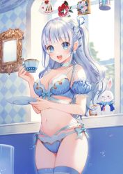 Rule 34 | 1girl, :d, bare shoulders, blue bra, blue eyes, blue panties, blue thighhighs, bra, breasts, choker, cleavage, collarbone, cowboy shot, cup, detached sleeves, hair ribbon, holding, holding cup, indoors, lingerie, long hair, looking at viewer, medium breasts, mirror, momoshiki tsubaki, navel, one side up, open mouth, original, panties, ribbon, saucer, silver hair, smile, solo, stomach, stuffed animal, stuffed rabbit, stuffed toy, teacup, thighhighs, underwear