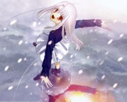 Rule 34 | 00s, fate/stay night, fate (series), from above, highres, illyasviel von einzbern, puddle, red eyes, silver hair, snow, snowing, takeuchi takashi, type-moon, water, winter
