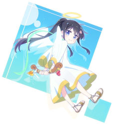 Rule 34 | 1girl, angel, angel wings, arms behind back, arrow (projectile), black hair, blue background, blue eyes, bow (weapon), closed mouth, commentary, dress, drop shadow, floating, floating hair, flower, full body, glowing, hair flower, hair ornament, halo, heart, heart arrow, highres, hirayama kanna, holding, holding arrow, holding bow (weapon), holding weapon, long hair, long sleeves, looking at viewer, looking back, pink flower, ponytail, sandals, shirosaki hana, smile, solo, two-tone background, watashi ni tenshi ga maiorita!, weapon, white background, white dress, white wings, wings