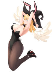 Rule 34 | 1girl, absurdres, angel wings, animal ears, arms behind head, bare shoulders, black leotard, blonde hair, blunt bangs, blurry, bow, bowtie, breasts, cleavage, depth of field, detached collar, fake animal ears, full body, green eyes, hat, high heels, highleg, highleg leotard, highres, jumping, large breasts, large hat, leotard, long hair, looking at viewer, original, pantyhose, playboy bunny, rabbit tail, signature, simple background, solo, ssalu, strapless, strapless leotard, tail, thighs, white background, wings, witch hat